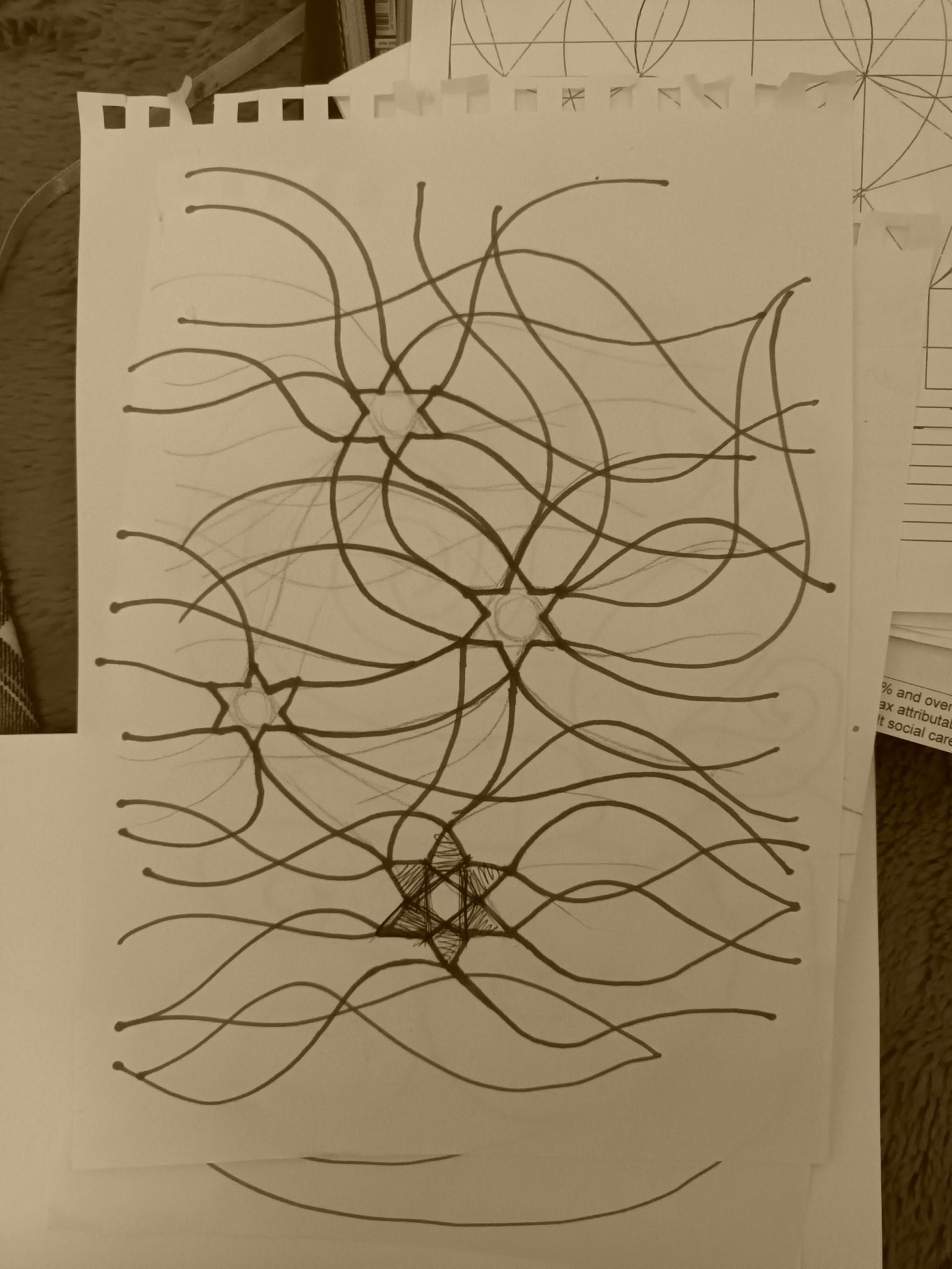 Felt tip drawing - black on white paper- 6 pointed stars with extruded waves