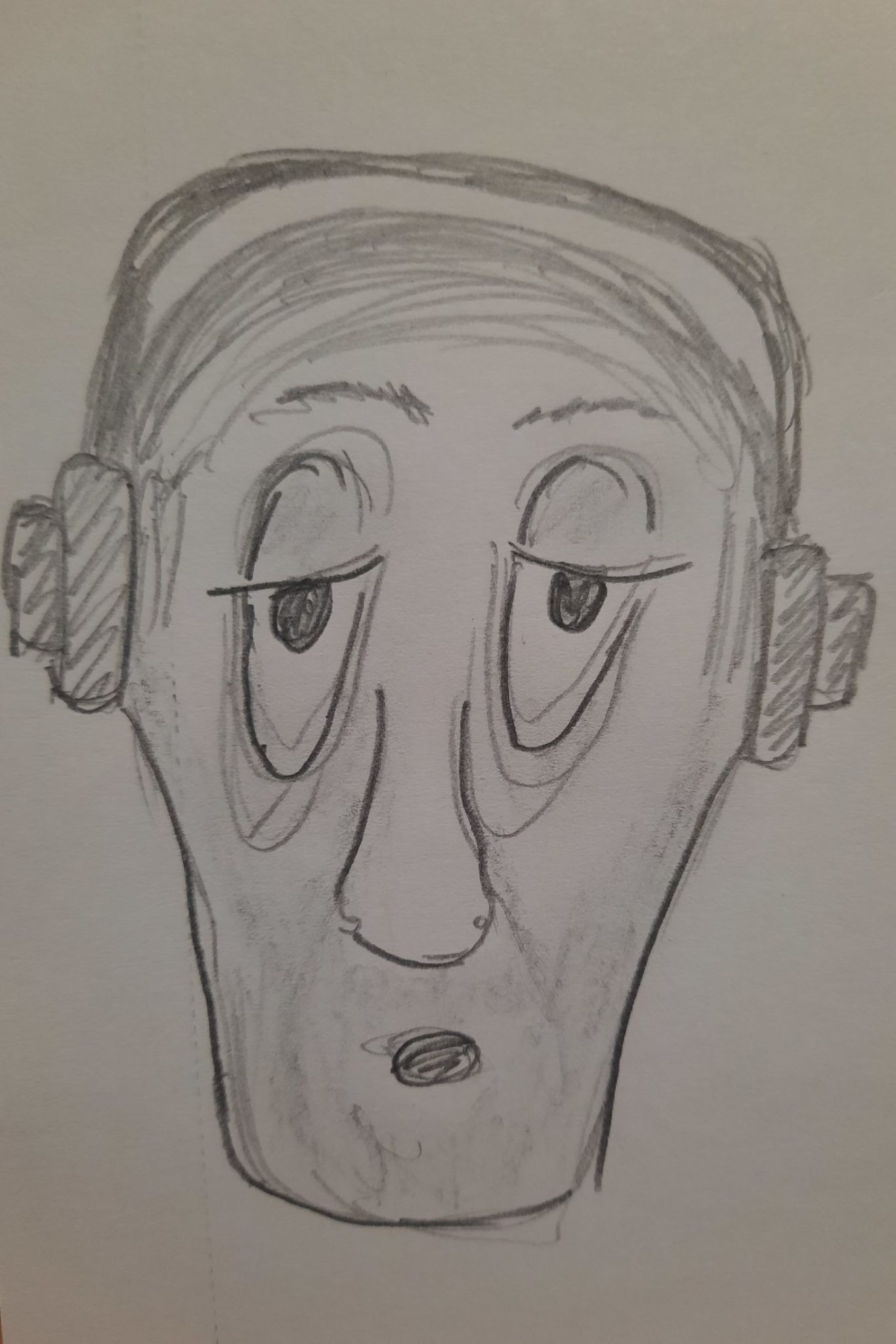 Pencil drawing of a face of an exhausted man wearing headphones, large bags under his eyes, hint of new stubble growth. Sleep deprived from noisy neighbours.