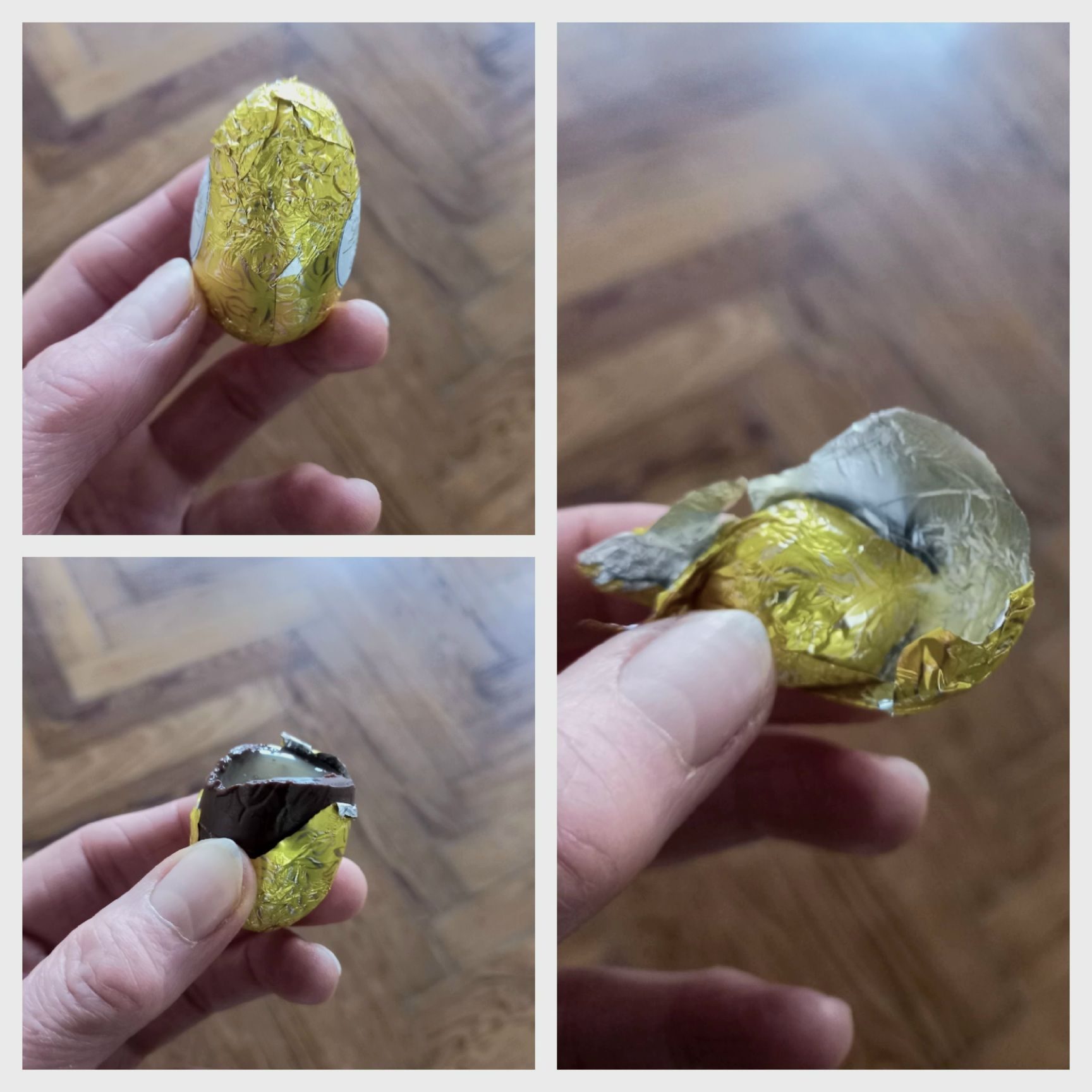 Photographie collage of a chocolate egg, unopened,  open and  eaten