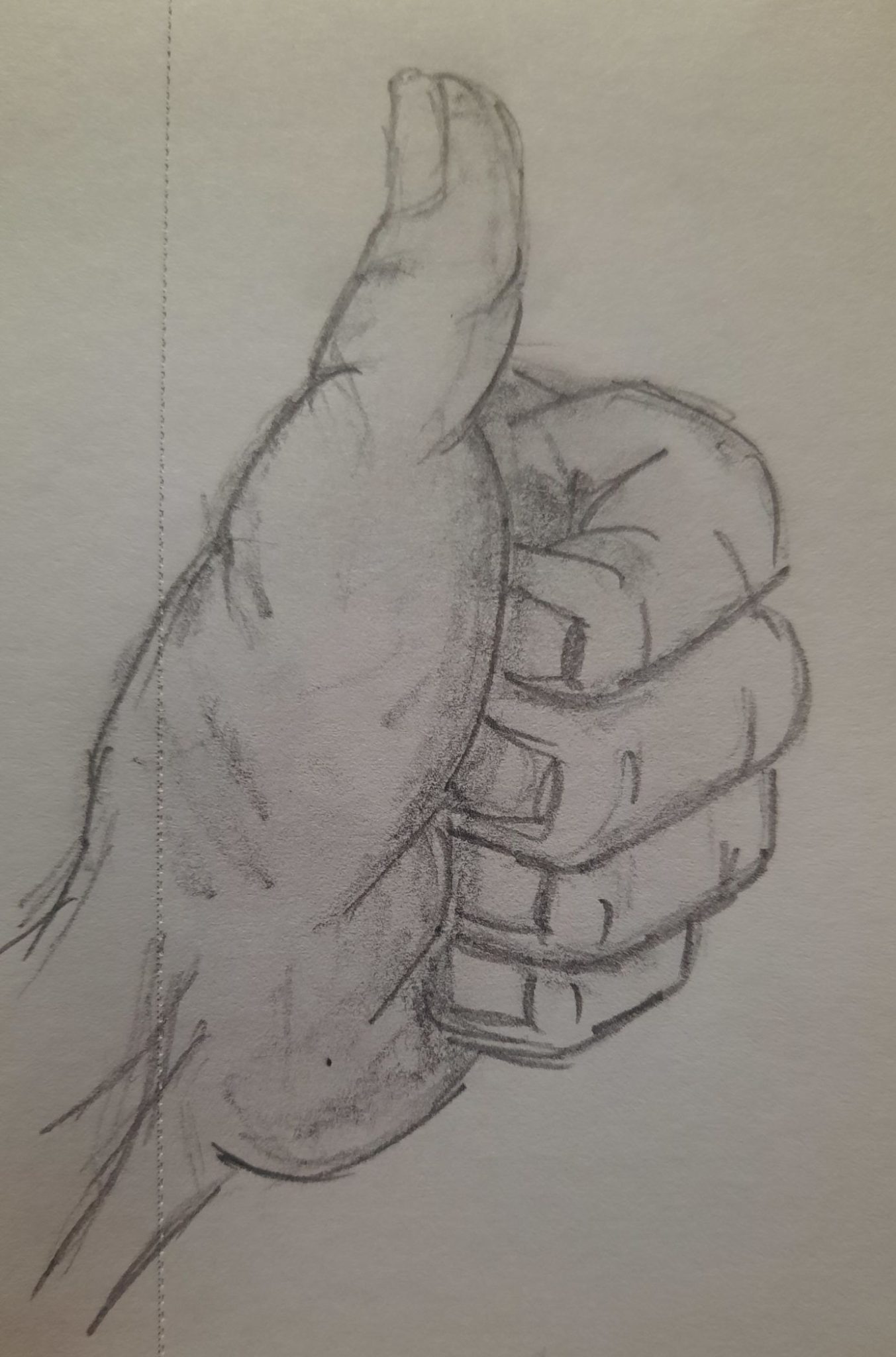 Pencil drawing of a hand signalling with a thumb up.