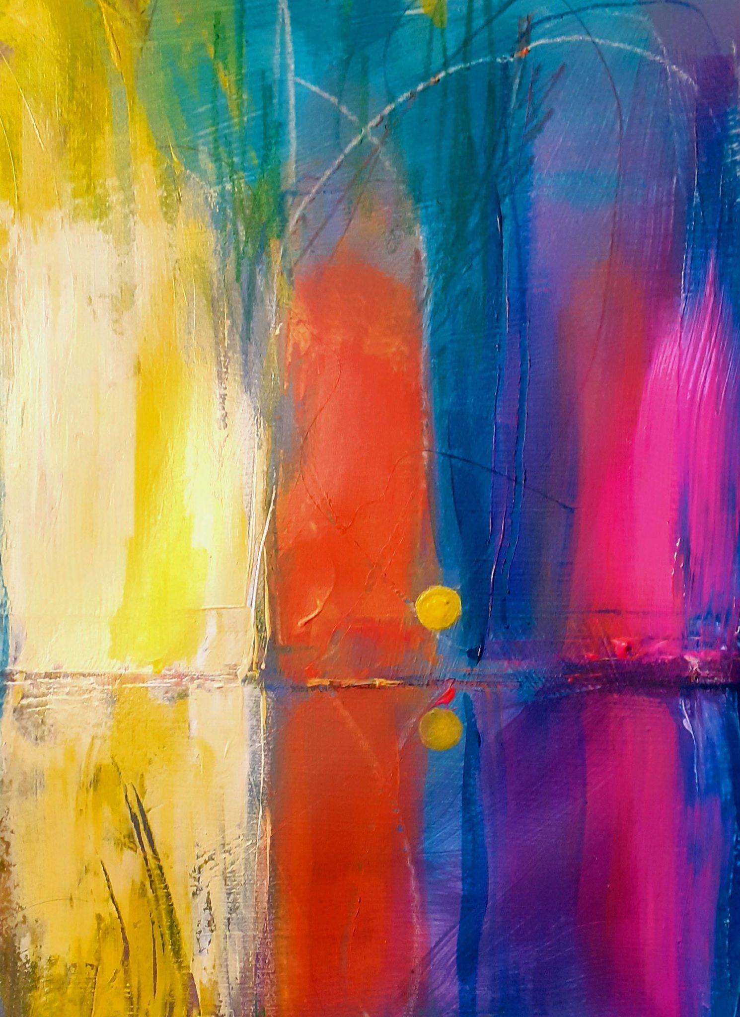 Abstract acrylic painting of colours appearing to reflect on a horizontal line across the lower third of the image