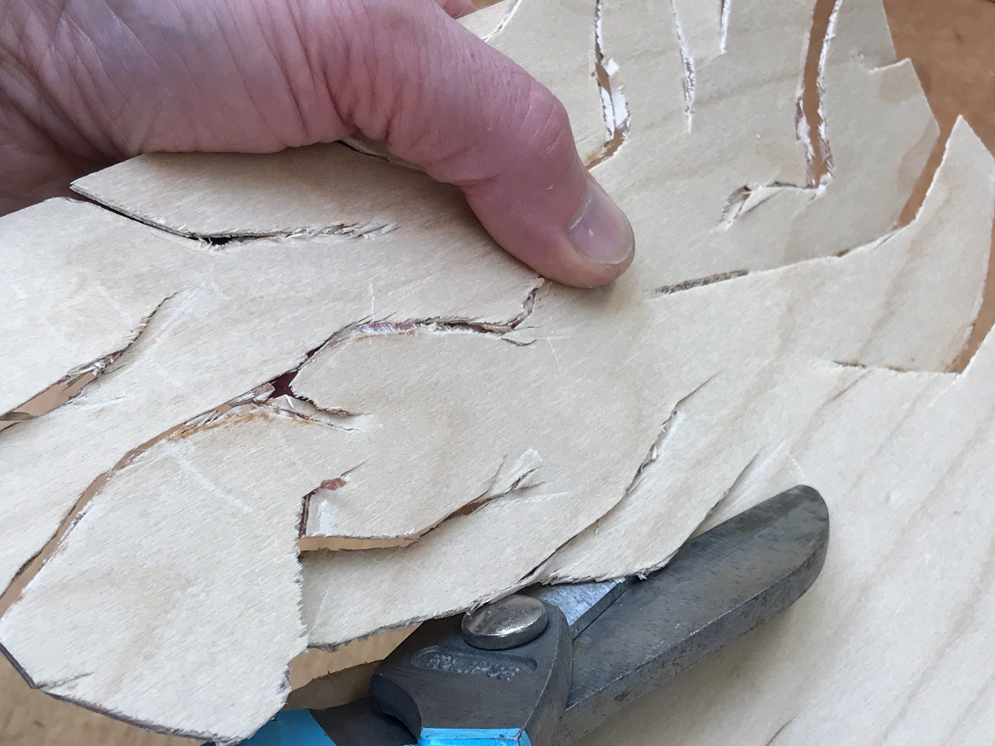 Photo of a person cutting thin plywood with hand held shears. The hand holding the wood is in the top left corner with only the thumb on top of the wood visible. The steel blades of the shears, with a small part of the blue handle, are in the bottom of the image and are imbedded in the wood in mid-cut; the rest of the image shows the wood with about a dozen cuts already made. The edges of the cuts are very jagged.