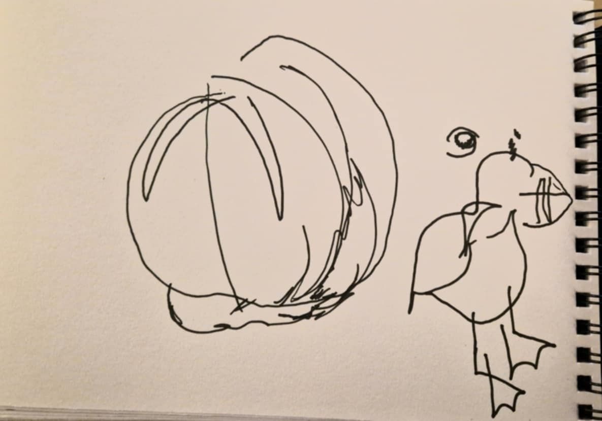 a white sketchbok page with the spiral binding showing on the right edge. the midde of the page has some round scribbles, the right of the page has a rough doodle of a puffin wih detached legs and a floating eye.