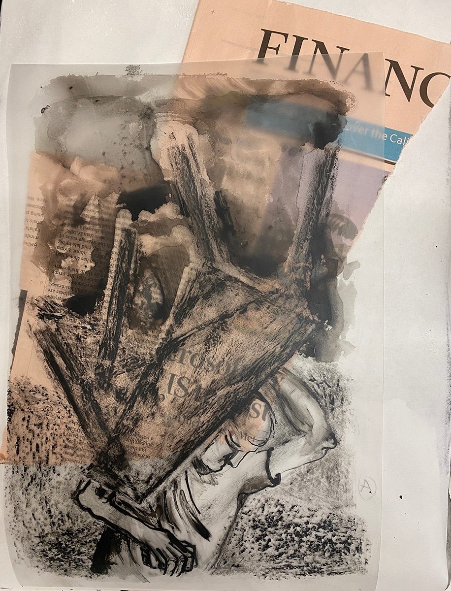 ink drawing arranged with torn fragments of the Financial Times