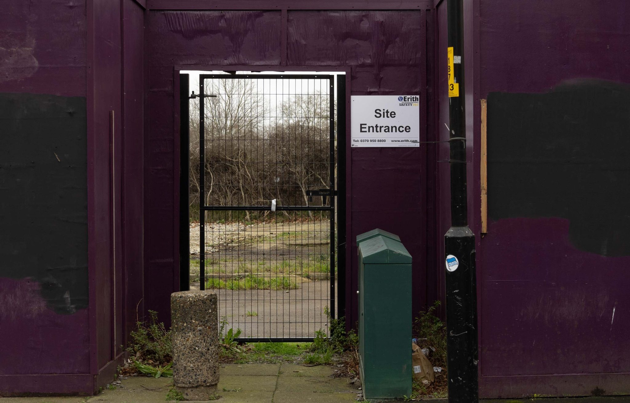 The entrance to the demolition site for Maydew House in Bermondsey