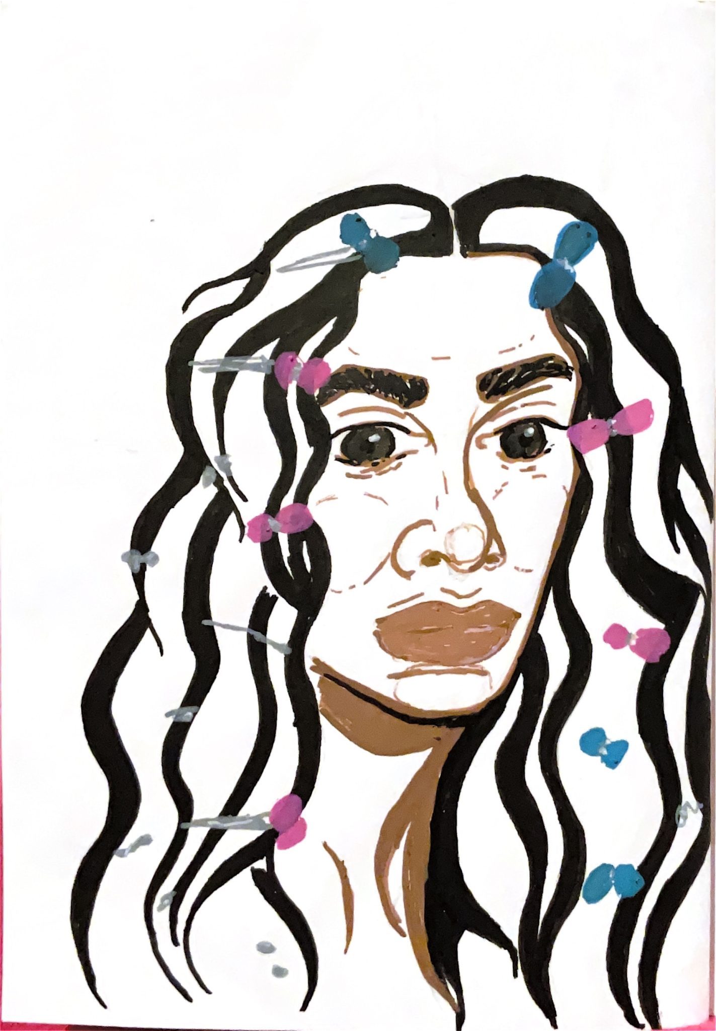 Acrylic pens - black woman with blue and pink hair clips - in the style of Solange Knowles A seat at the table Album cover