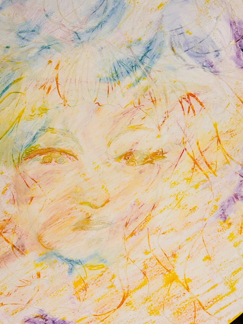 Oil pastels on canvas. There is a face with faded eyes surrounding it.