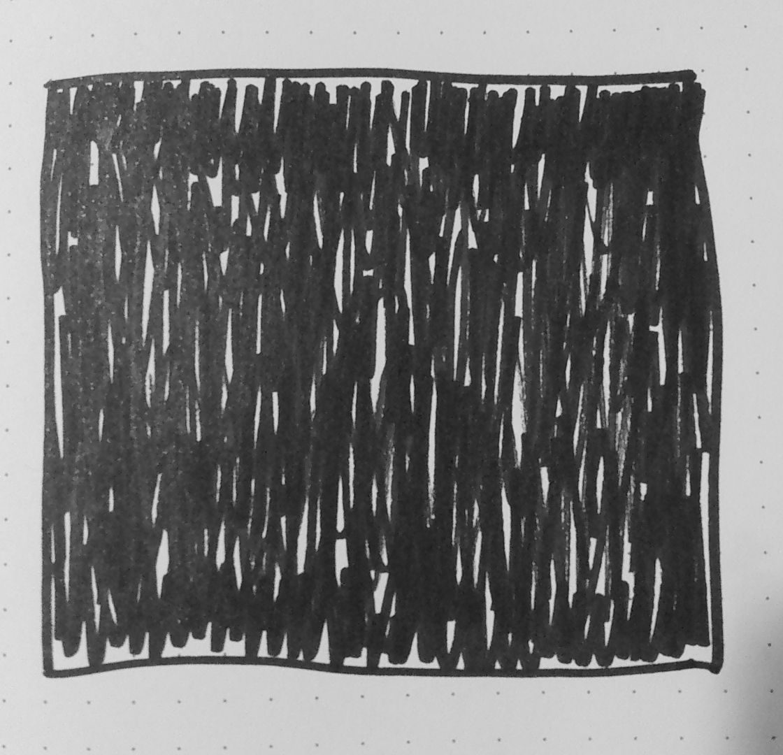 A black and white photo of a rough square drawn on dotted grid paper and coloured in with vigorous vertical strokes from a Sharpie pen. The colour is not solid so there are gaps visible between the lines.