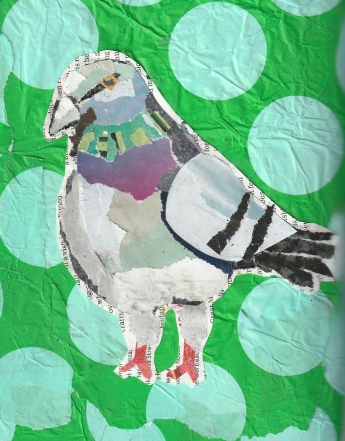 A collage of a pigeon, made with various ripped up scraps and textures from a magazine. its green neck even looks like its got a necklace a bit! its a bit silly looking and not photorealistic