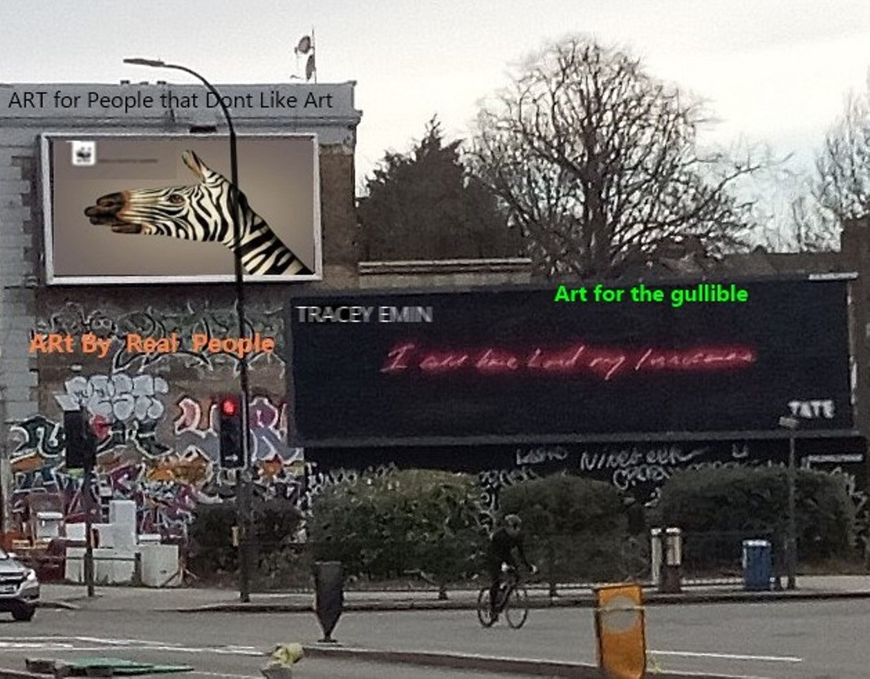 billboards in street with text