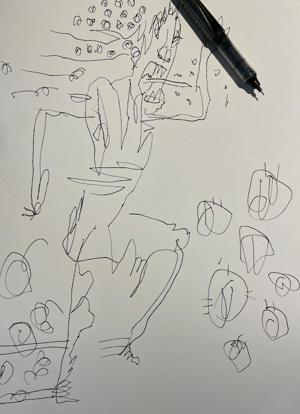 artist running at chaos with black pen