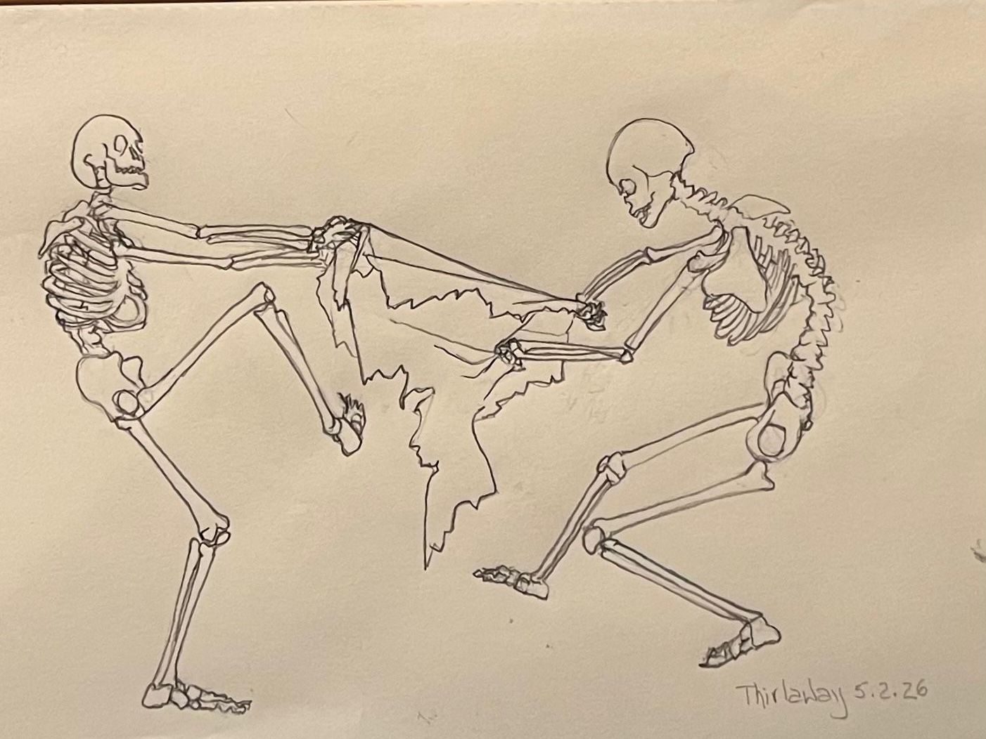 Pencil drawing of two skeletons fighting over the flag of the World