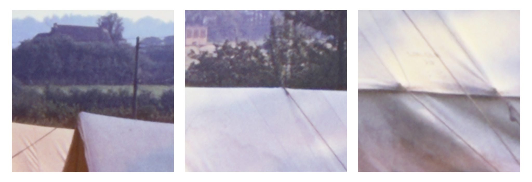 Three photographs displayed as a triptych against white background. The three images are pictures rephotographed from old 35mm slides. All are indistinct. All three pictures include parts of one or more white tents with the first two also including some of the landscape beyond the campsite.