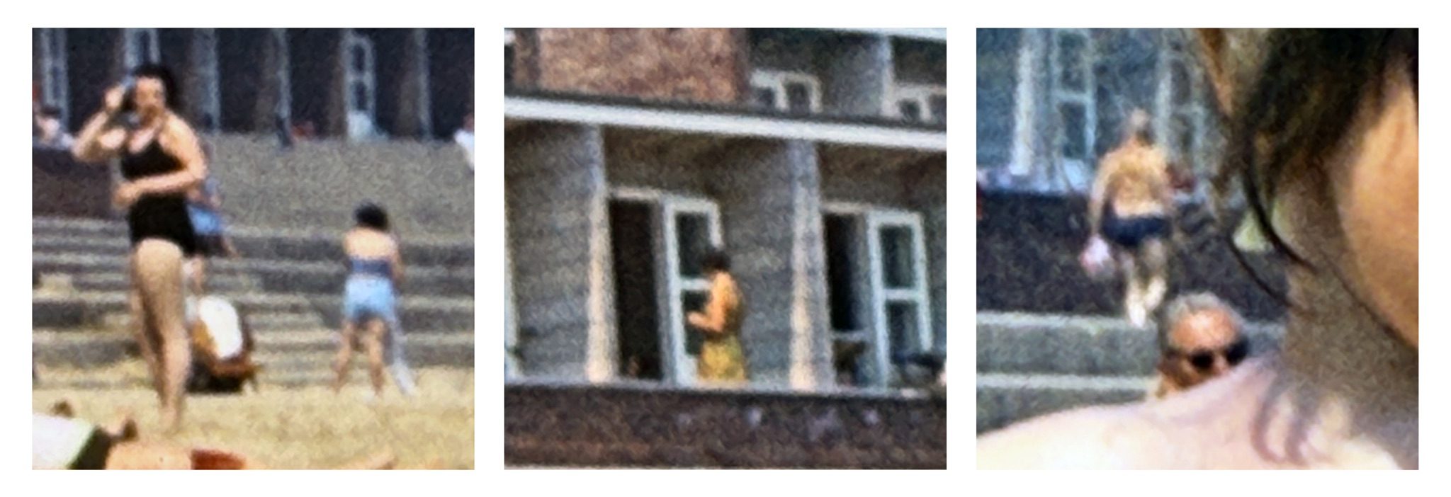 Three photographs displayed as a triptych against white background. The three images are pictures rephotographed from an old 35mm slide of a day by the sea. All are indistinct. Each picture includes at least one person caught in the background when the picture was made. The seaside location is apparent in the image on the left but the other two pictures show the architecture beyond the beach.