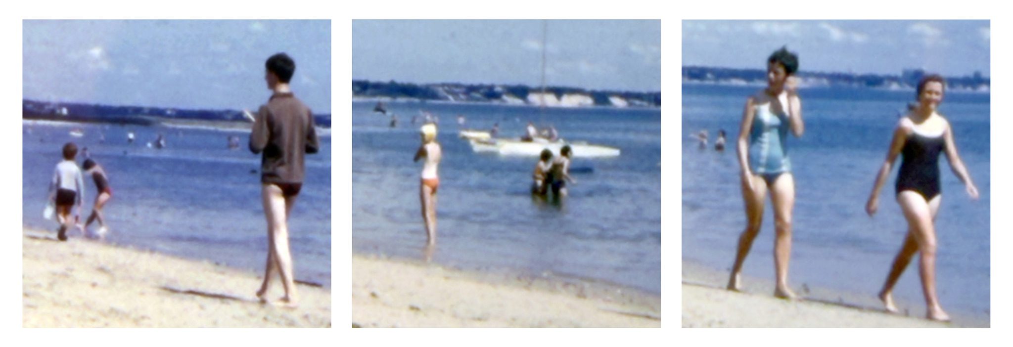 Three photographs displayed as a triptych against white background. The three images are pictures rephotographed from an old 35mm slide of a day on a beach. All are indistinct. Each picture includes at least one person caught in the background when the picture was made. In all three pictures there are people close to the water’s edge or in the shallows of the sea.