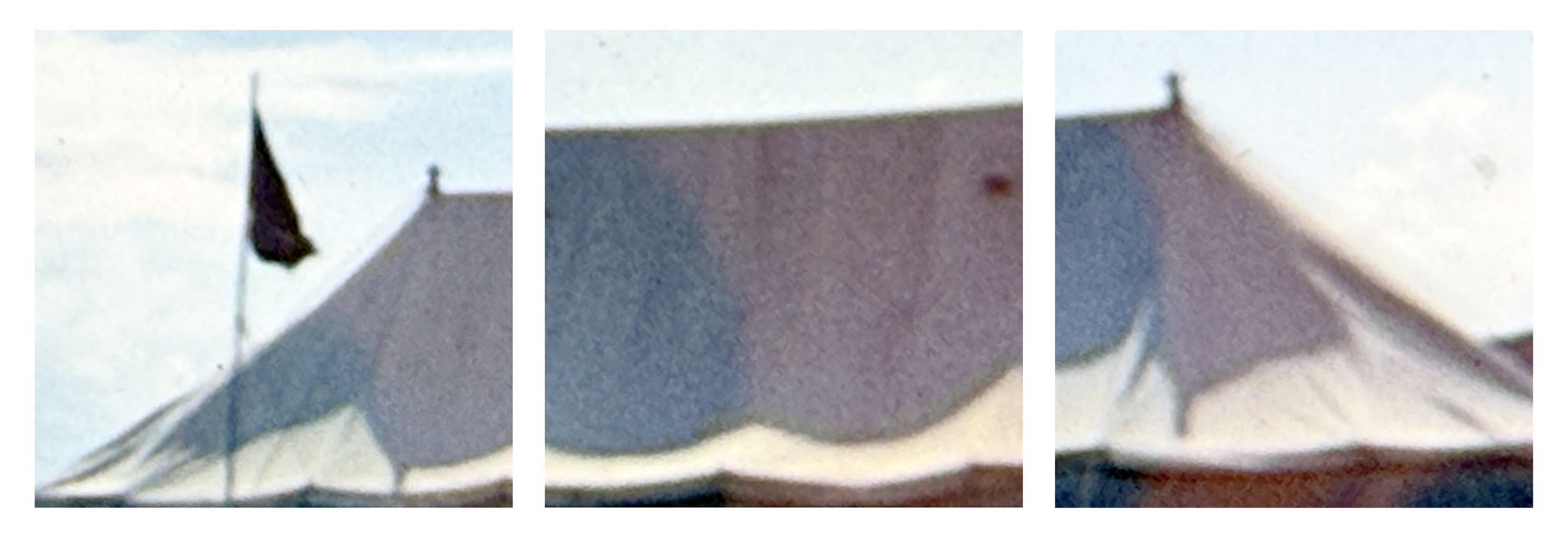 Three photographs displayed as a triptych against white background. The three images are pictures rephotographed from an old 35mm slide of a campsite with each picture featuring a section of a large white marquee. There is a flag hanging limply from a flagpole in the left hand image.