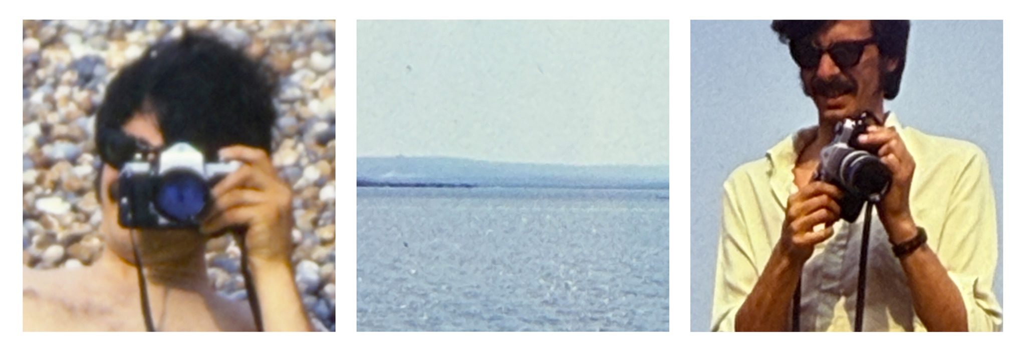 Three photographs displayed as a triptych against white background. The three images are pictures rephotographed from three old 35mm slides. The first and third pictures are each of man holding a camera. In the middle is a seascape, a washed out blue image with a horizon at the mid point.