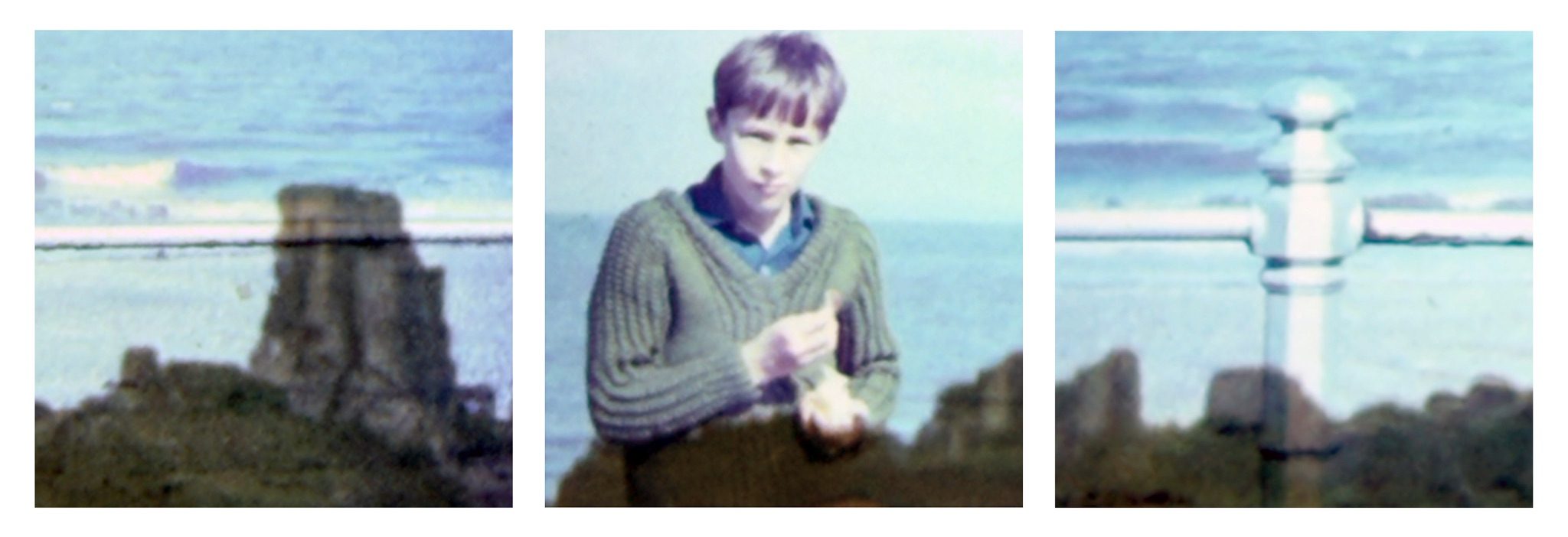Three photographs displayed as a triptych against white background. The three images are blurry images rephotographed from a two 35mm slides layered one top of another. In the central image a young boy eating chips at the seaside is layered with the countryside and parts of a castle. The first and third pictures layer the wider seascape with the landscape of Corfe Castle.