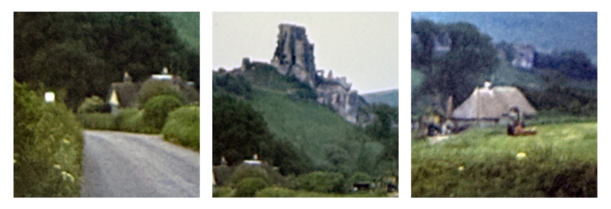 Three photographs displayed as a triptych against white background. The three images are blurry landscapes rephotographed from a single 35mm slide taken on a visit to Corfe Castle in Dorset. The first picture is of the road, the second is a view of the castle in the distance and the third is the view of the landscape to the right of the road.
