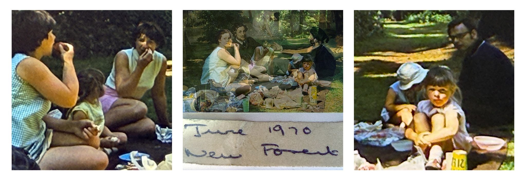 Three photographs displayed as a triptych against white background. In the central image a 35mm slide of a group of people enjoying a picnic in the New Forest in 1970 is layered with the central portion of Manet’s painting Le Dejeuner sur l’here. The images either side are sections of the slide showing the people at the picnic.