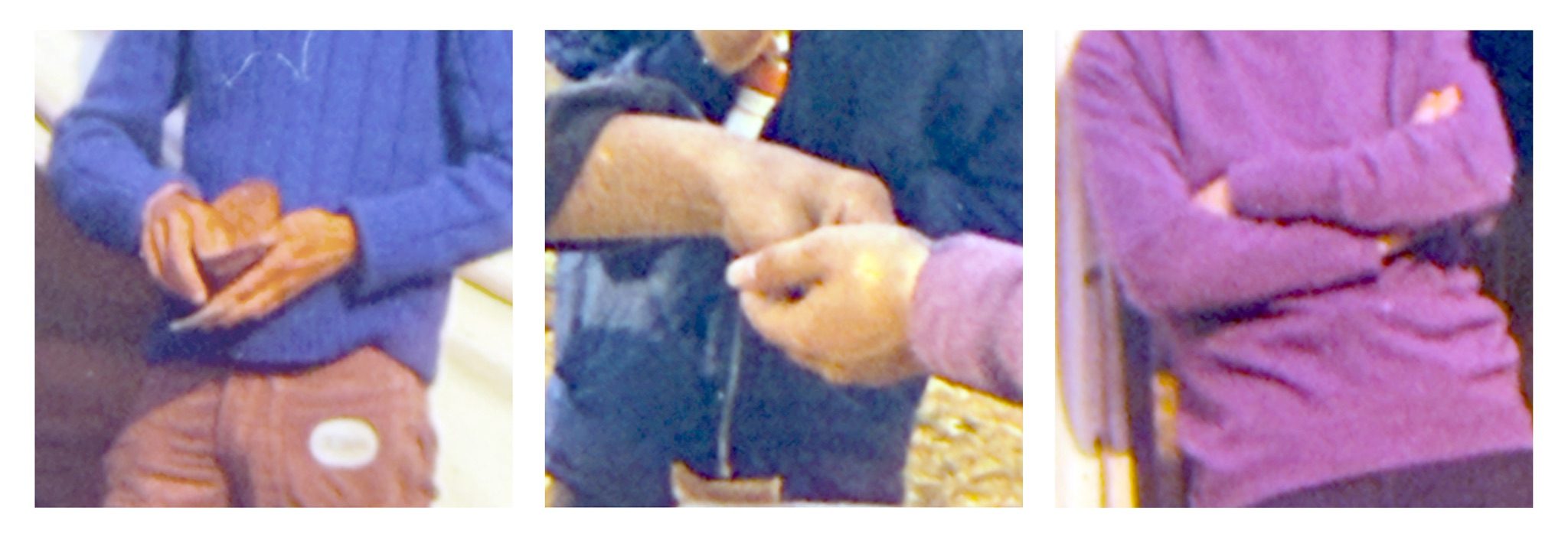 Three photographs displayed as a triptych against white background. The pictures are all rephotographed sections of old 35mm slides and all show hands and arms.