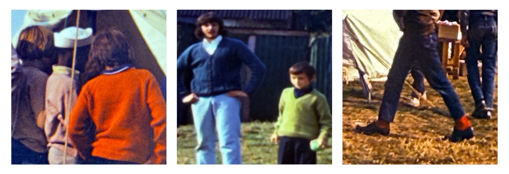 Three photographs displayed as a triptych against white background. The pictures are all rephotographed sections of old 35mm slides and show boys or young men at a campsite.