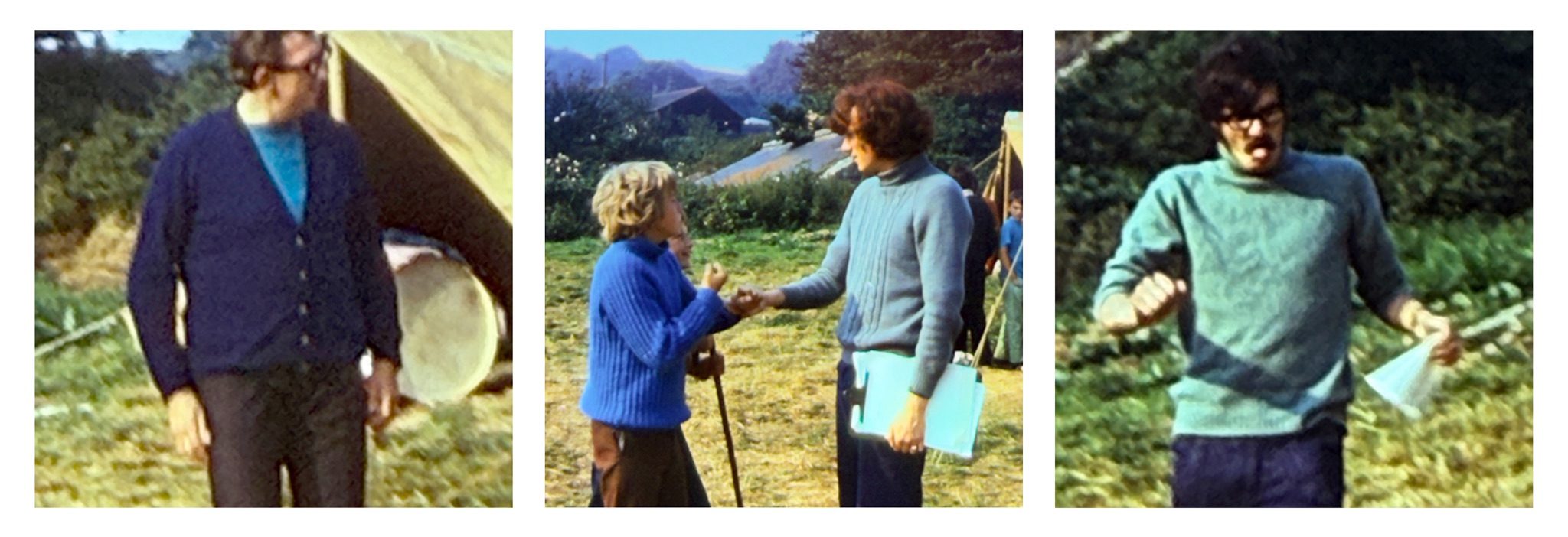 Three photographs displayed as a triptych against white background. The pictures are all rephotographed sections of old 35mm slides and show boys or young men in knitted jumpers at a campsite.