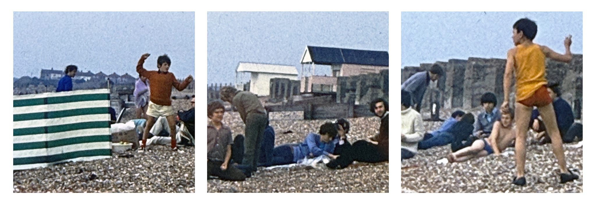 hree photographs displayed as a triptych against white background. The pictures are all rephotographed sections of old 35mm slides and show boys or young men on a pebbly beach.