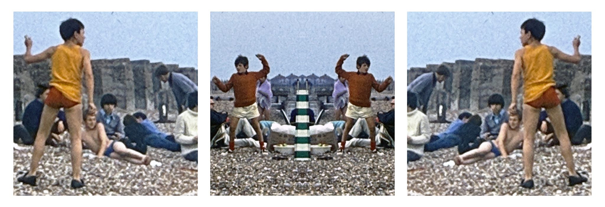 Three photographs displayed as a triptych against white background. The pictures are rephotographed sections of old 35mm slides and show groups of boys and young men on a pebbly beach. The images are repeated as mirror images so that, seen together, the triptych is symmetrical.
