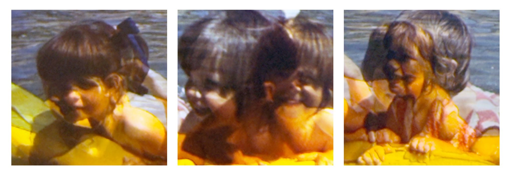 Three photographs displayed as a triptych against white background. The pictures are rephotographed sections of two old 35mm slides sandwiched together. Each picture is a double portrait of a child in the sea holding on to a yellow inflatable beach toy.
