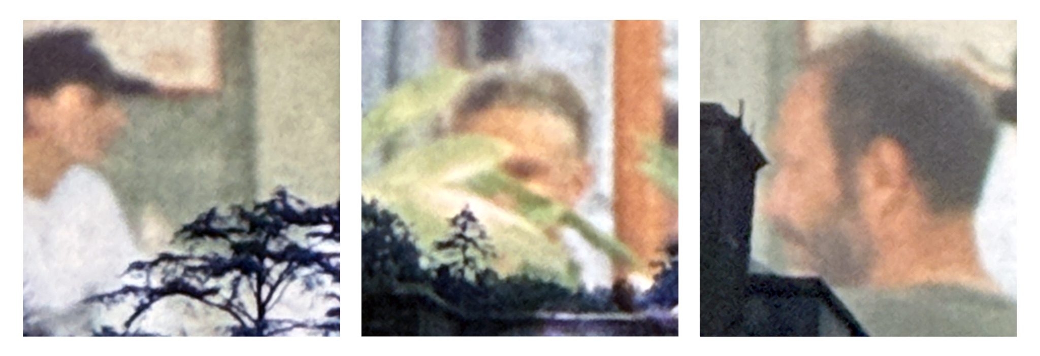 Three photographs displayed as a triptych against white background. The pictures are rephotographed sections of old 35mm slides layered on top of a photograph from a family holiday. Each includes a detail from a slide of a building with trees next to it and a person caught in the background of a holiday snap.