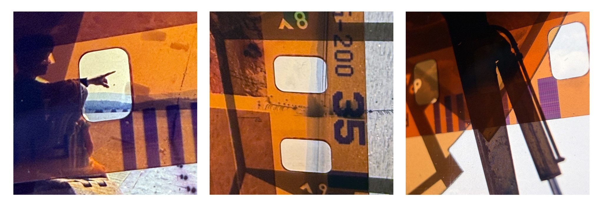 Three photographs displayed as a triptych against white background. The pictures are rephotographed sections of an old 35mm slide layered with a strip of 35mm negative film and a disc negative. The resulting images are dominated by the brown colour of the negative films and the sprocket holes on the 35mm strip.