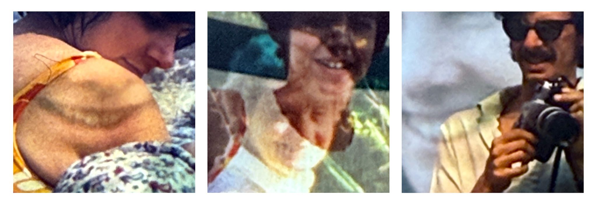 Three photographs displayed as a triptych against white background. The pictures are rephotographed sections of old 35mm slides layered on top of a photographs from family holidays. Each includes a smile from the slide and the photograph.