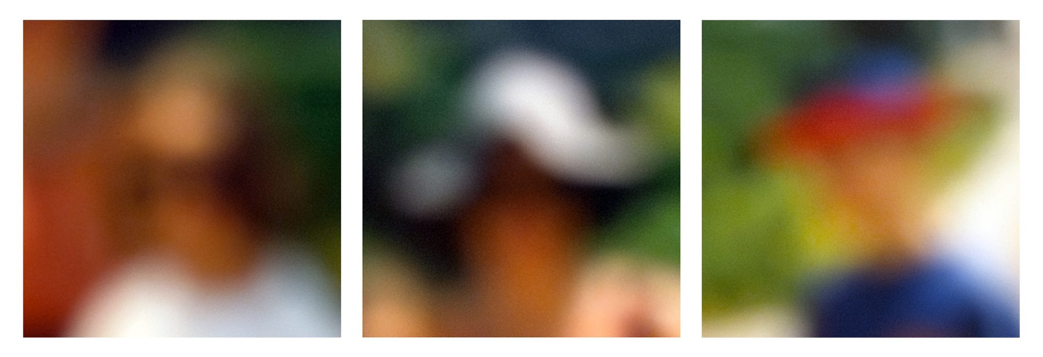 Three photographs displayed as a triptych against white background. The pictures are rephotographed sections of an old holiday photograph each featuring the head and shoulders of a person but blurry and out of focus so that the images become abstract.