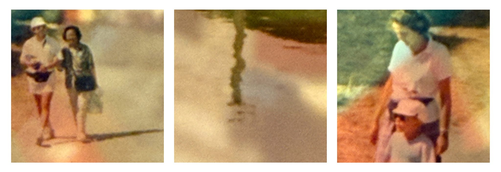 Three photographs displayed as a triptych against white background. The pictures are rephotographed sections of an old holiday photograph layered with a 35mm slide from a stranger’s holiday pictures.