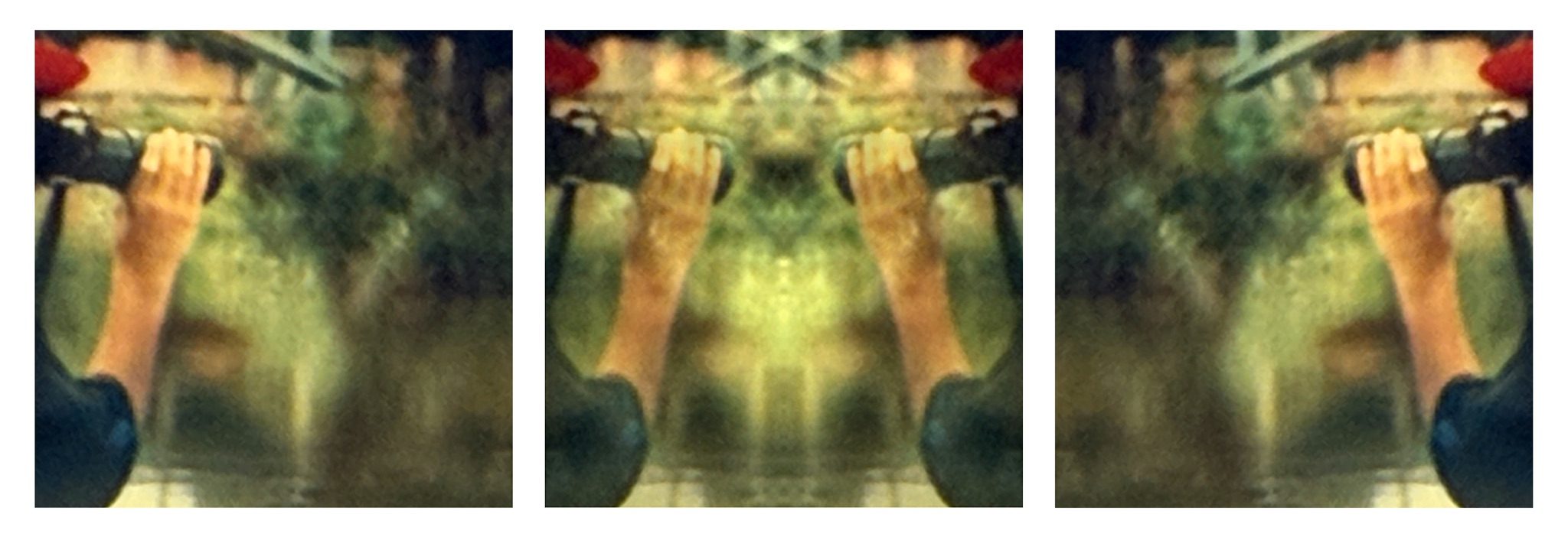 Three photographs displayed as a triptych against white background. The pictures are rephotographed sections of an old holiday photograph layered with a 35mm slide from a stranger’s holiday pictures. The first and last pictures are mirror images of one another and are layered together in the middle image. The dominant feature of the image is a hand holding a camera.