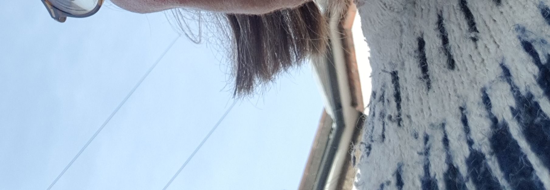 detail of fairisle jumper, cheek, glasses, hair and buildings