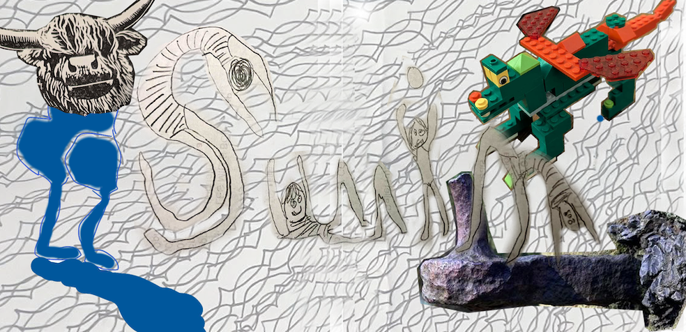 Layered images - highland cow, swim lettering, gate hook etc