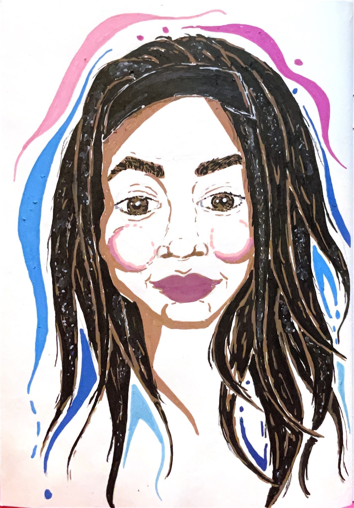 Acrylic pens - black woman with black hair and blue and pink lines around her - portrait