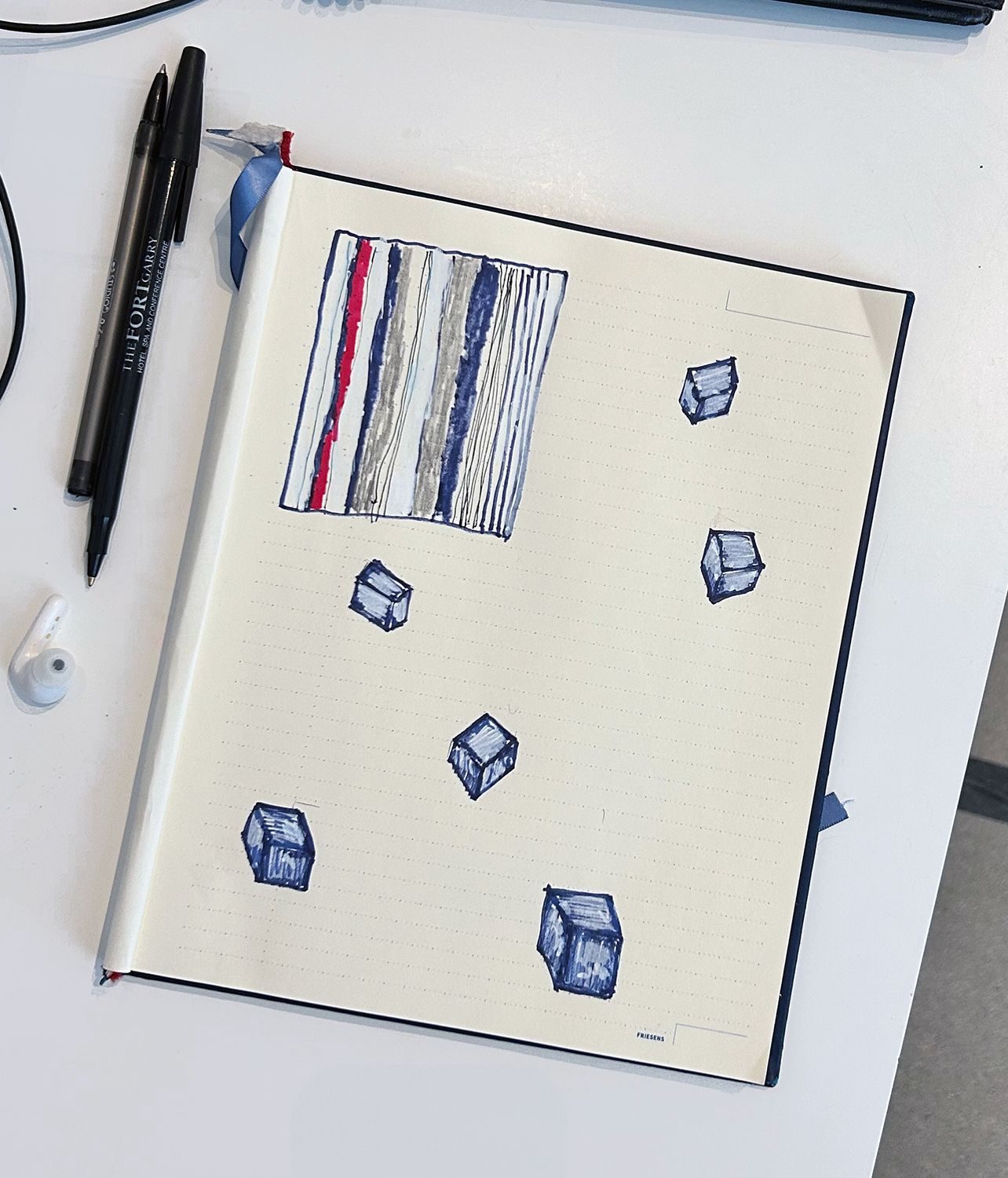 drawing of squares little ones by me and a big one by my coworker. my other coworkers pen is in the shot