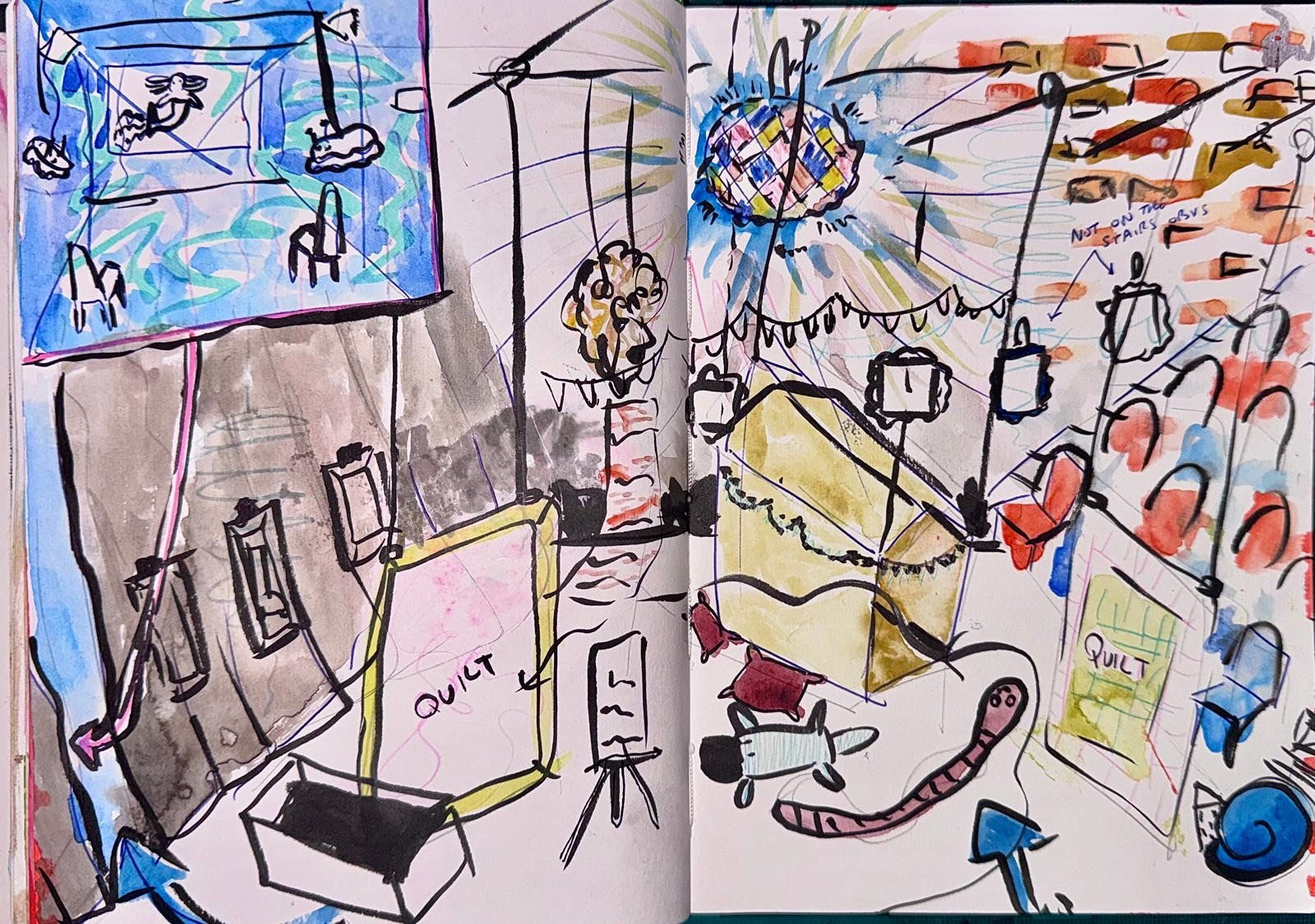 photo of a page spread in a sketchbook, of various doodles, arrows and plans for an exhibition. it includes two quilts, a bit house in the middle and a big disco ball at the top