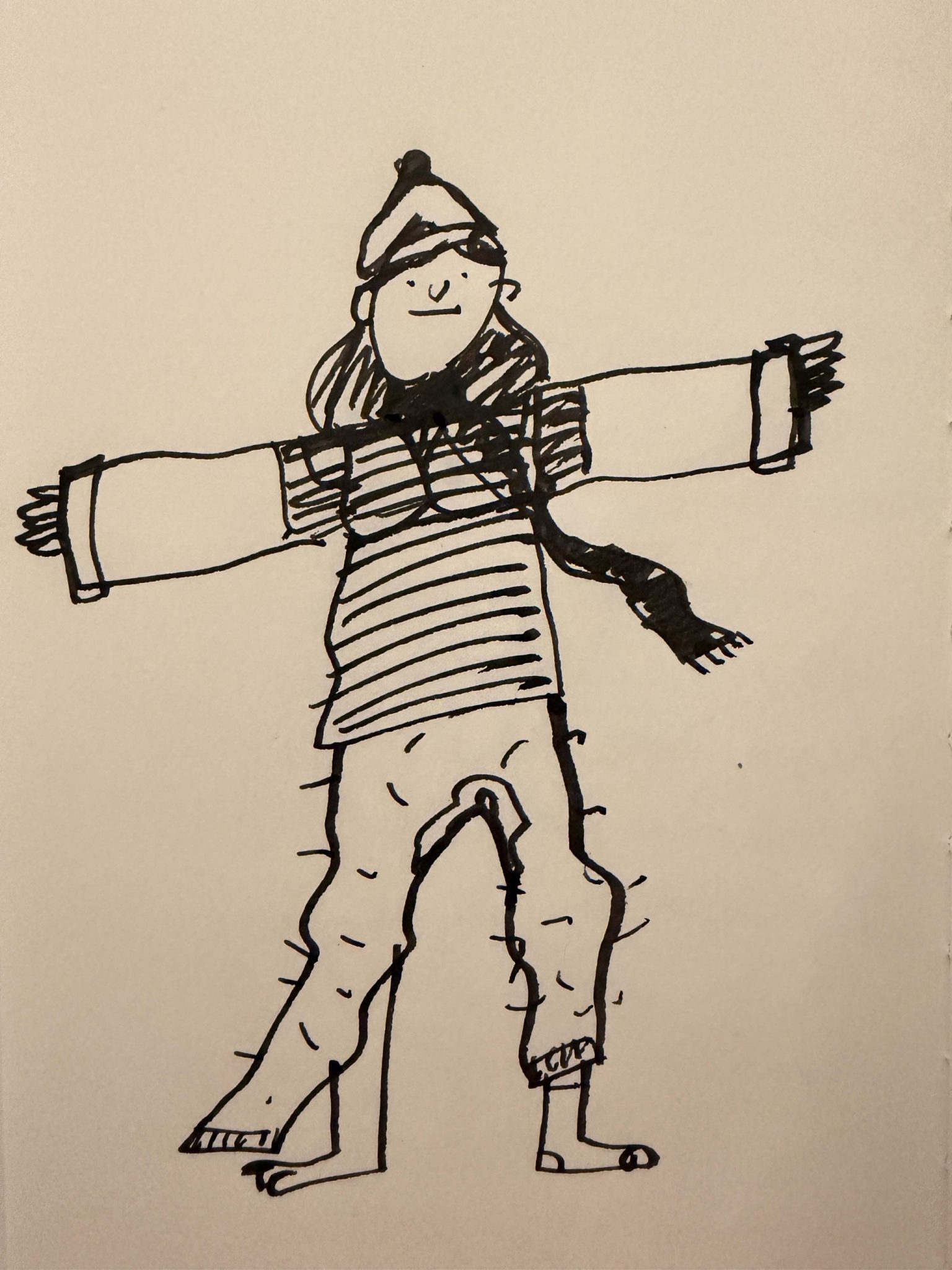 Black and white illustration of a girl wearing clothes in the 'wrong way'. Black ink on paper.