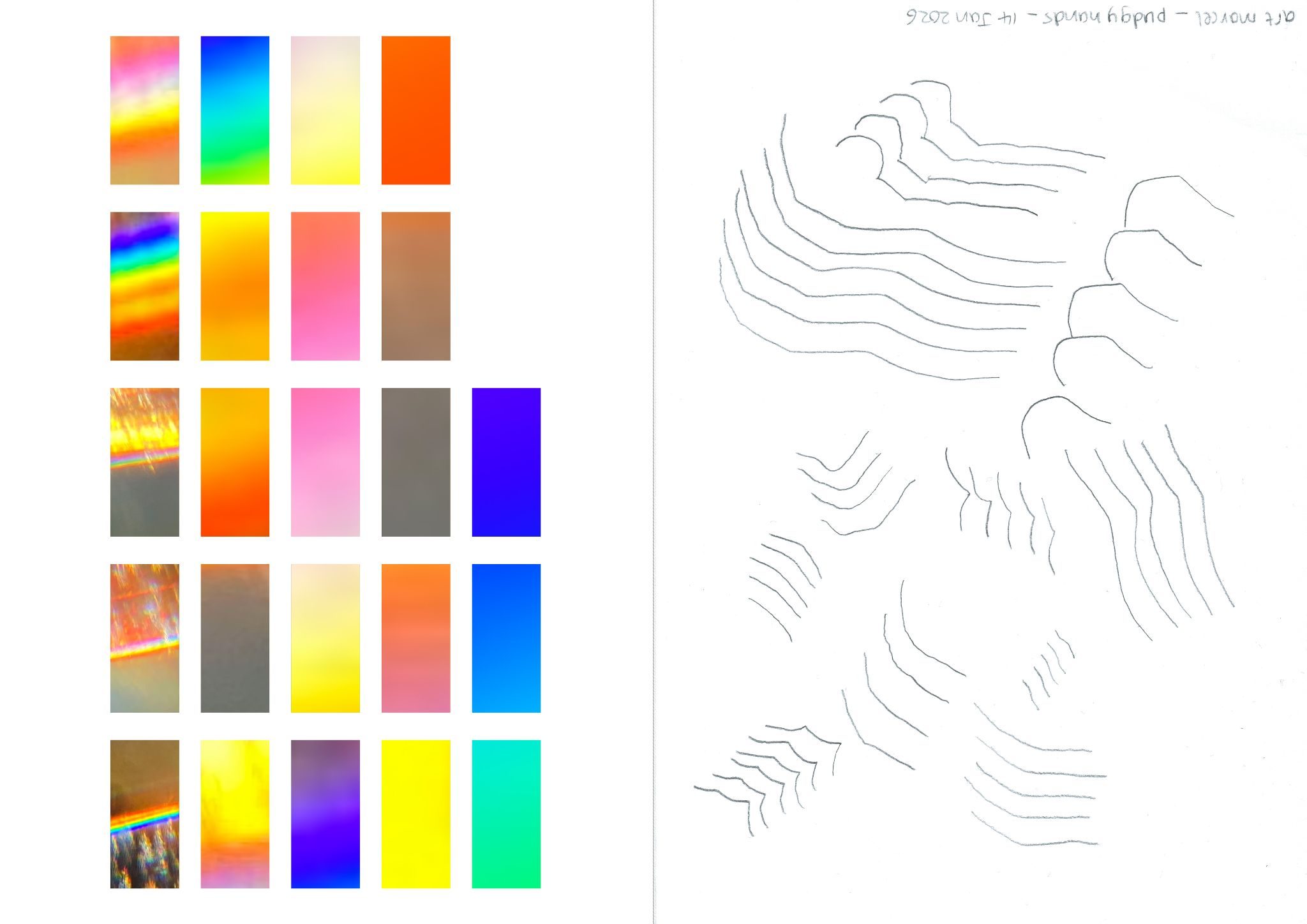 a landscape A3 page divided in 2 equal halves with a grey dotted line. the left half contains 23 coloured rectangles arranged in 4 vertical lines of 5 and 1 vertical line of 3. the right half contains a collection of repetitive lines or marks made in pencil. the drawing has been scanned and has text written upside down along the top right corner 'art marcel _ pudgy hands _ 14 Jan 2026'.