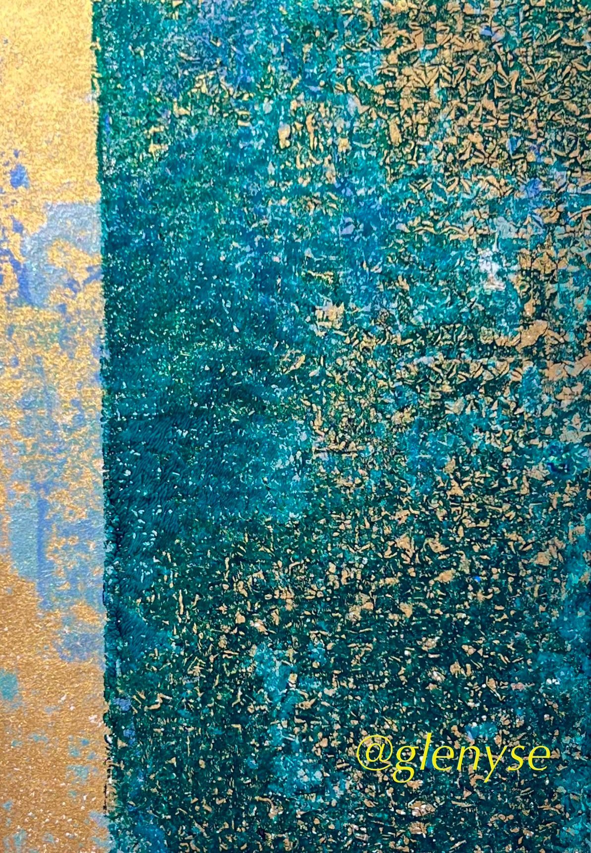 Monotype collage in turquoise, teal, and gold