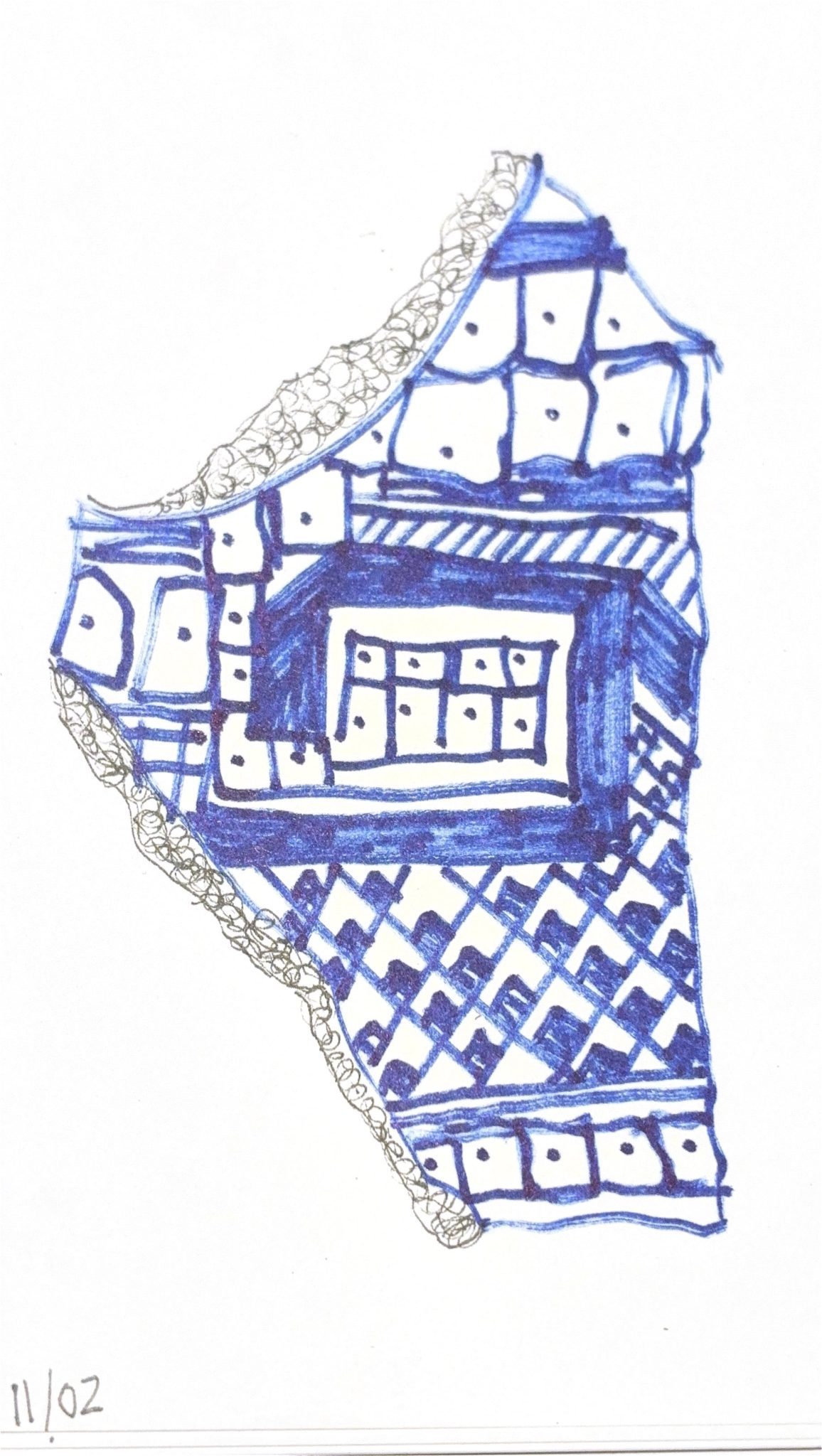 Pen drawing of a blue and white pottery shard