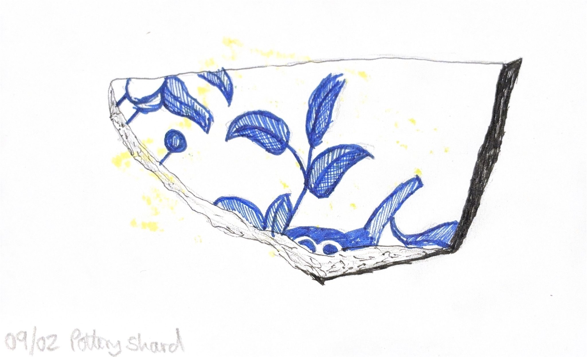 Pen line drawing of pottery shard using blue and black