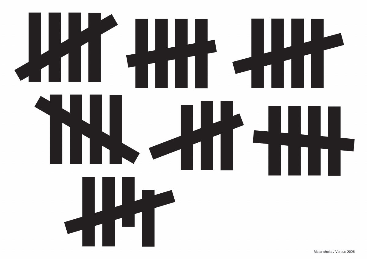 The work features groups of tally marks. Based on personal experiences. No further comment.