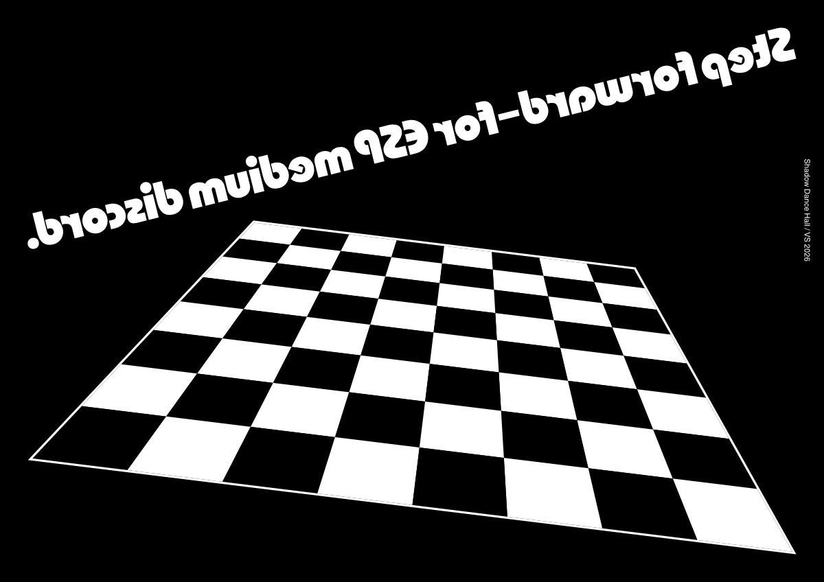 An artwork about facing the other side of self (Shadow, id). With a symbolic chess board that also resemble a dance floor. Conflicting but embracing. Referencing the song 'Psykick Dance Hall' by The Fall.