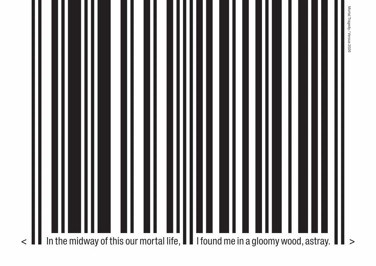 The quote is from the very first part of Dante's Inferno, which is the beginning of his journey to hell. 'Page 37' is interpreted loosely here as an age (35-ish is mid-life when the book was written).  To illustrated the quote, and compared it to modern life, the barcode is used, stretched to look like a forest.