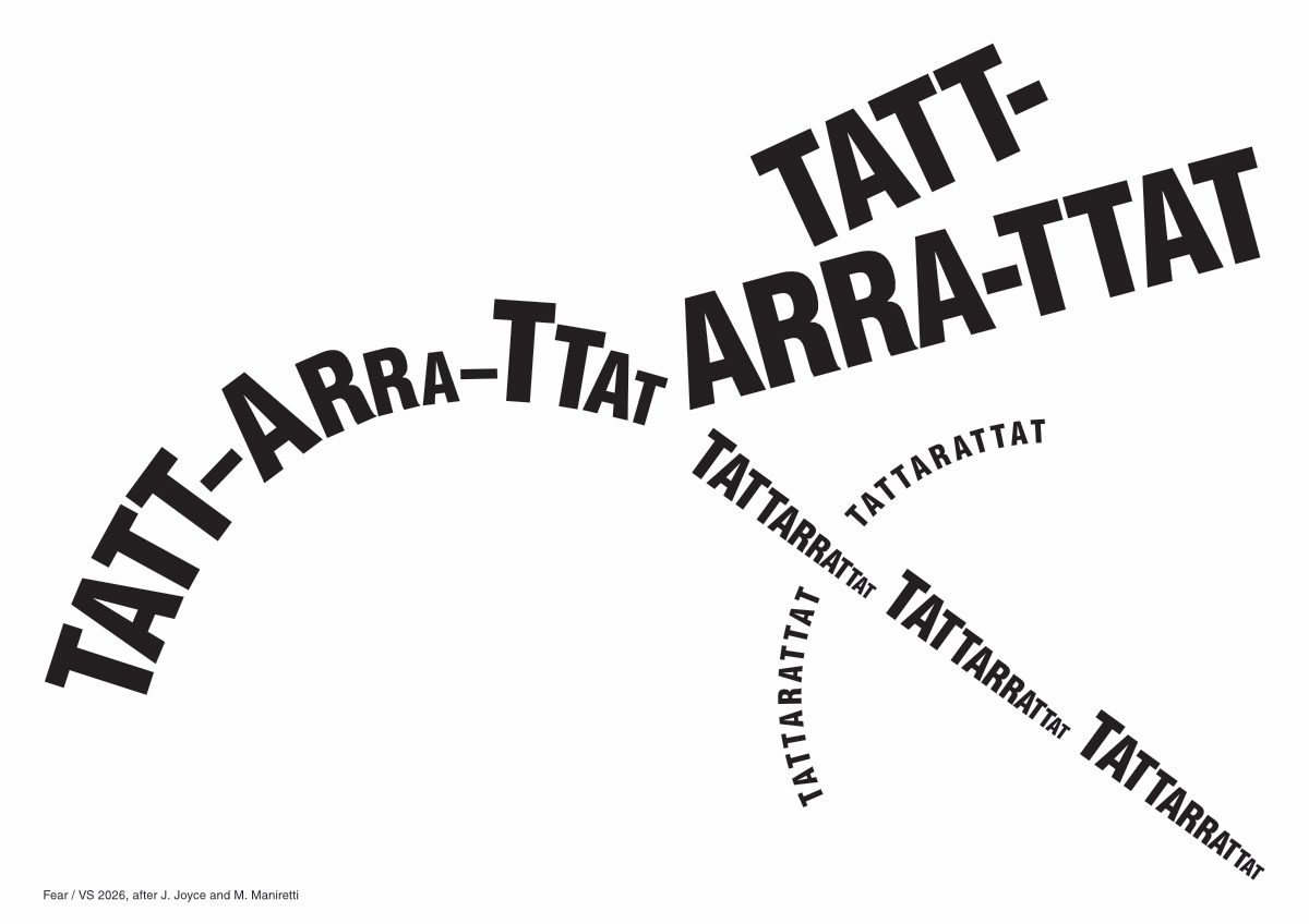 Replaced the onomatopoeia in Marinetti's Futurist artwork 'Zang Tumb Tumb' (sound of war, machines) with James Joyce's 'Tattarrattat' (sound of knocking). 'Tattarrattat' is also a palindrome, symbolizing repetitiveness of things.